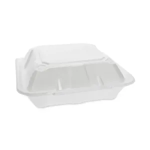 Pactiv Evergreen PCTYTD199030000 Vented Foam Hinged Lid Container, Dual Tab Lock, 3-Compartment, 9.13 x 9 x 3.25, White, 150/Carton